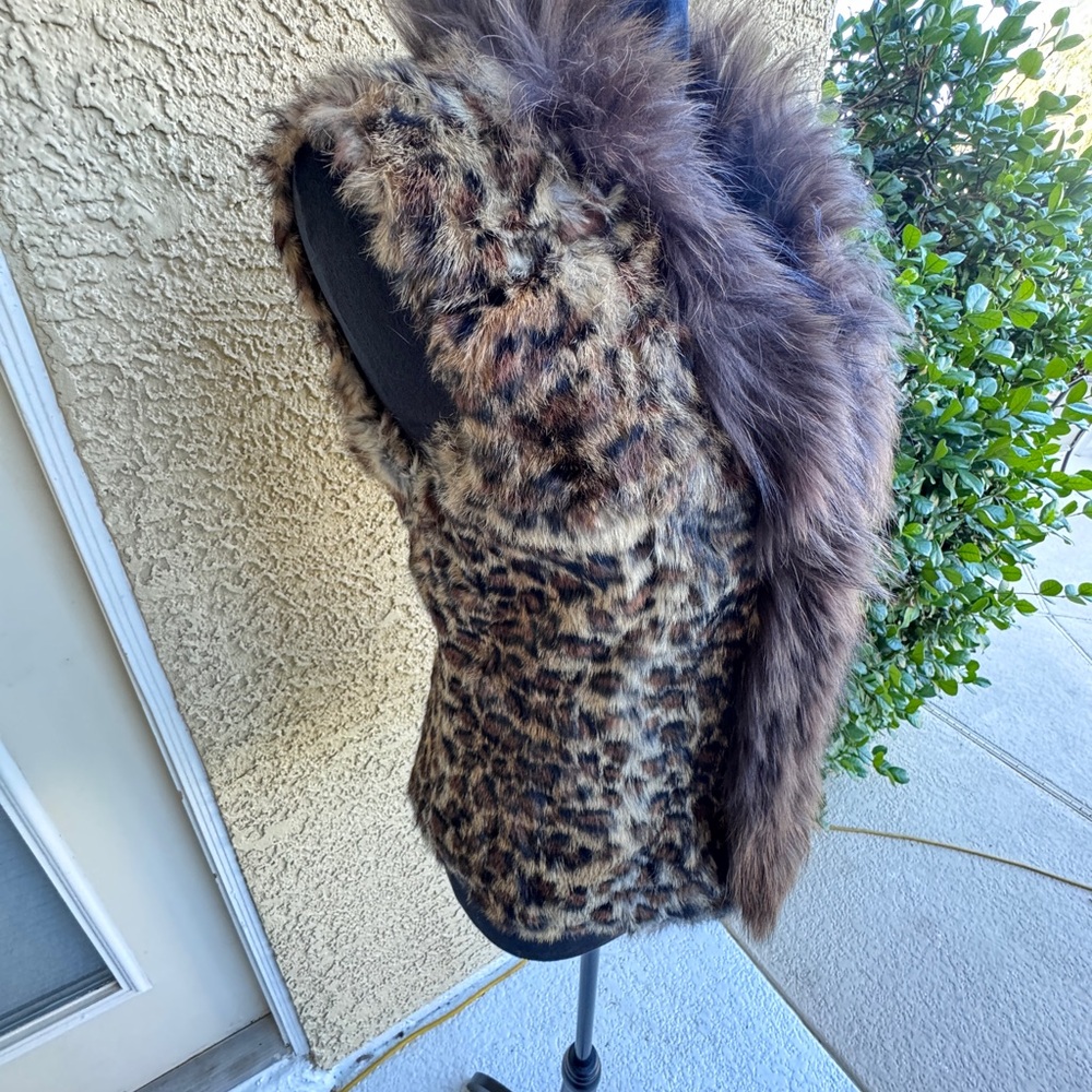 Adore Rabbit & Raccoon Fur Vest Size S — Genuine Fur, Leopard Print Pattern
